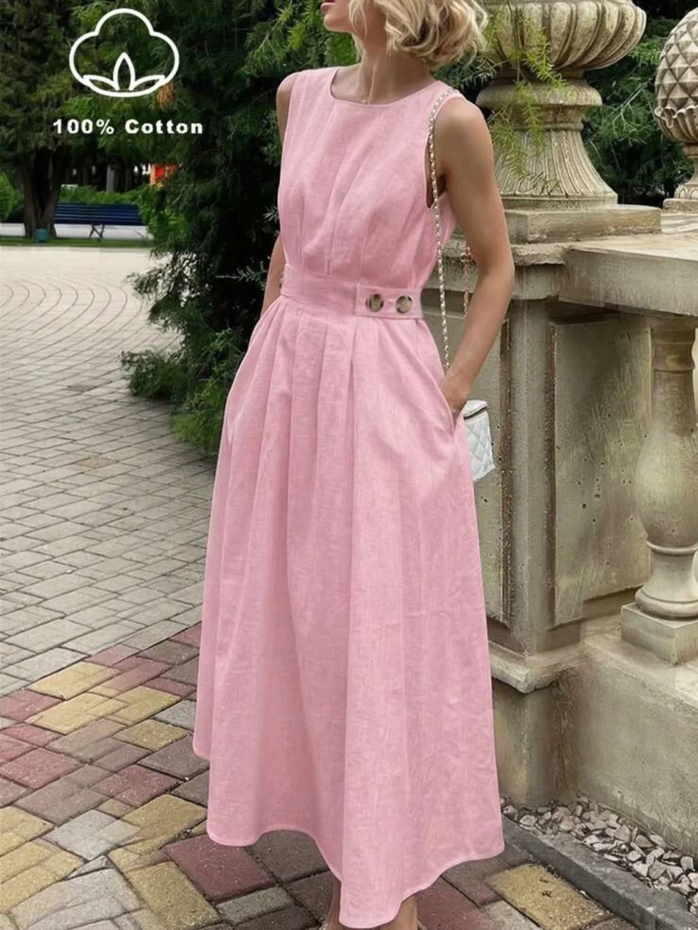100% Cotton Pink Sleeveless Midi Dress w Pockets Size M - Picture 1 of 6